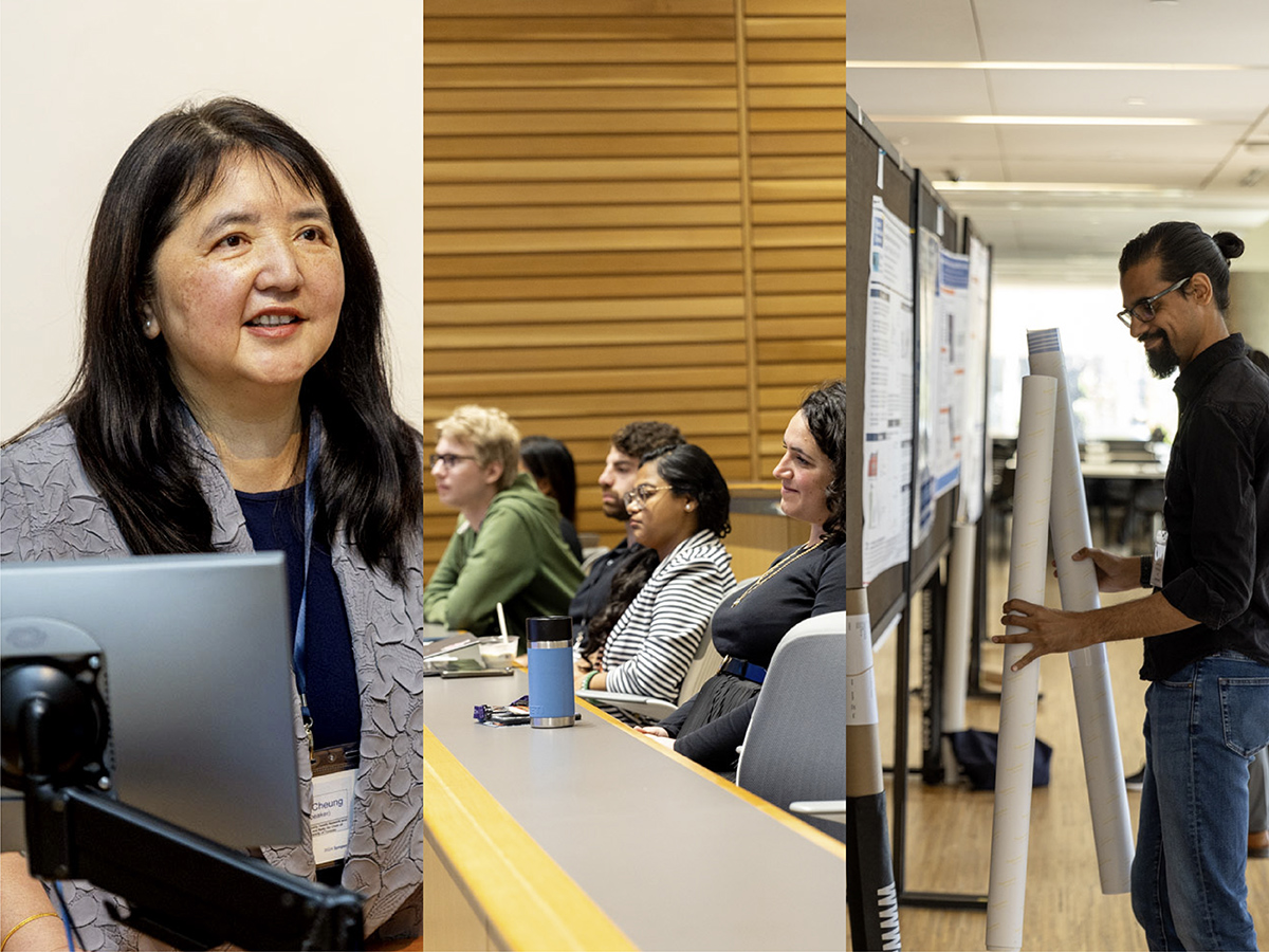 Three photos combined into one. Dr. Angela Cheung in a grey blazer. Audience members watching a talk. A tall man holding rolled up posters in front of posters that are on display.