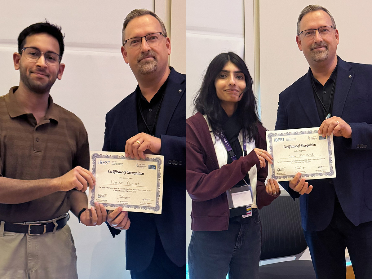 The 2025 iBEST Symposium Student Poster Competition winners, Omar Nusrat (first place, on the left) and Sana Mahmood (second place, on the right), pose with Tom Schweizer, an iBEST co-director, holding their competition certificates