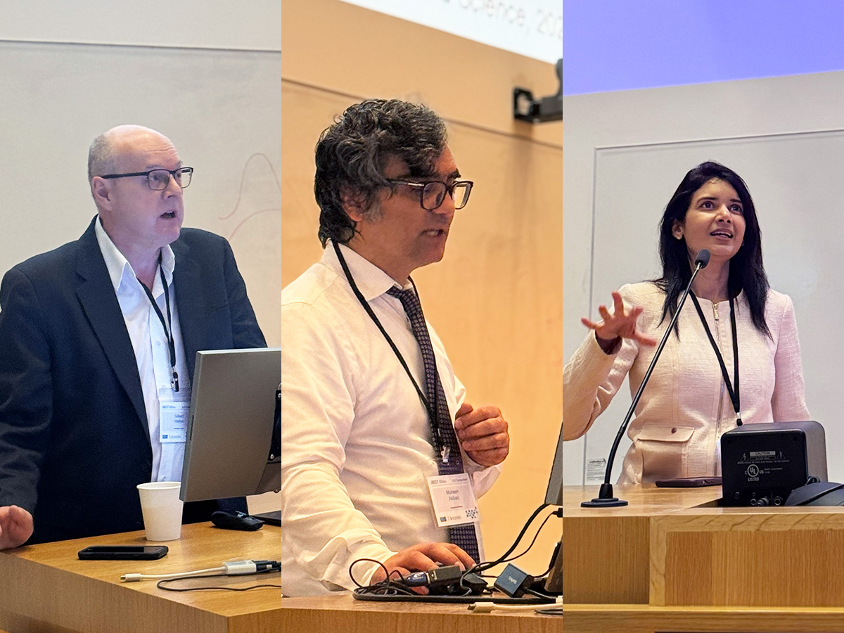 (from left to right) Dr. Gilbert Walker, Dr. Mohsen Akbari and Dr. Mamatha Bhat presented their research at the 2025 iBEST Symposium on May 16